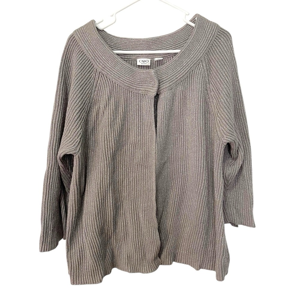 Cato 18/20W Silver Ribbed Knit Metallic Cardigan Shimmer Holiday Glam Sweater